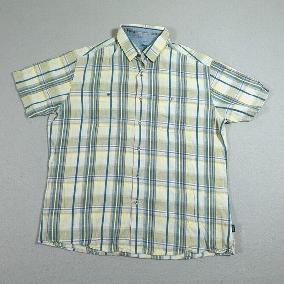 Kuhl Shirt Mens Size 2XL Short Sleeve Metal Button Linen Blend Plaid Yellow Gray - Picture 1 of 9